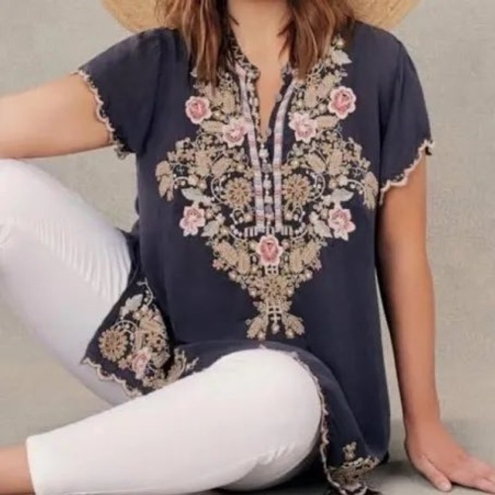 Johnny Was Talum Embroidered Floral Tunic Top Grey Cupra Rayon C26718-1 xs